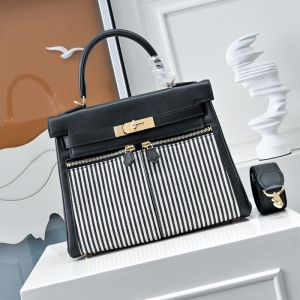 Hermes Kelly Lakis Bag Striped Canvas and Swift Leather Gold/Palladium Hardware Black