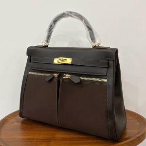 Hermes Kelly Lakis 32 Bag Canvas and Swift Leather Gold/Palladium Hardware Black/Burgundy