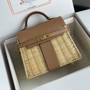 Hermes Kelly Picnic Mini Bag Wicker and Swift Leather Gold/Palladium Hardware In Brown