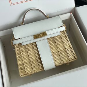 Hermes Kelly Picnic Mini Bag Wicker and Swift Leather Gold/Palladium Hardware In White