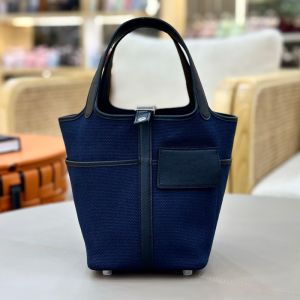 Hermes Picotin Lock Cargo 18 Bag Canvas and Swift Leather Gold/Palladium Hardware Navy Blue