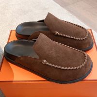 Hermes Johan Mules Unisex Suede In Coffee
