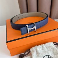 Hermes Mors H 24 Reversible Belt Leather In Blue/Grey