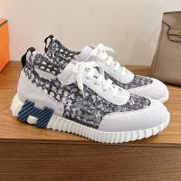 Hermes Bouncing Sneakers Unisex Braided Silk and Suede In Grey/Navy Blue