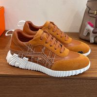Hermes Bouncing Sneakers Unisex Calfskin and Suede with Embroidery In Brown