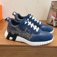 Hermes Bouncing Sneakers Unisex Calfskin and Suede with Embroidery In Navy Blue