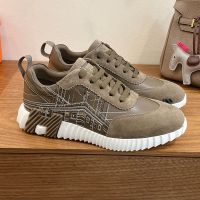 Hermes Bouncing Sneakers Unisex Calfskin and Suede with Embroidery In Taupe