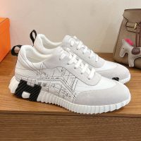 Hermes Bouncing Sneakers Unisex Calfskin and Suede with Embroidery In White