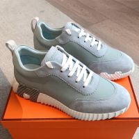 Hermes Bouncing Sneakers Unisex Calfskin and Suede In Grey/Teal