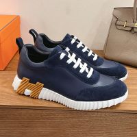 Hermes Bouncing Sneakers Unisex Calfskin and Suede In Navy Blue/Brown