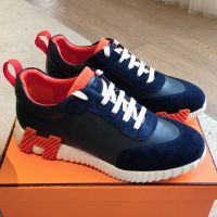 Hermes Bouncing Sneakers Unisex Calfskin and Suede In Navy Blue/Orange
