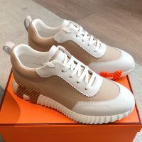 Hermes Bouncing Sneakers Unisex Canvas and Calfskin In White/Brown