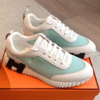 Hermes Bouncing Sneakers Unisex Crochet Knit and Grained Calfskin In White/Teal
