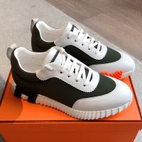 Hermes Bouncing Sneakers Unisex Ripstop Fabric and Calfskin In White/Dark Green