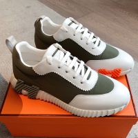 Hermes Bouncing Sneakers Unisex Ripstop Fabric and Calfskin In White/Green
