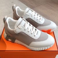 Hermes Bouncing Sneakers Unisex Ripstop Fabric and Calfskin In White/Grey