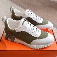 Hermes Bouncing Sneakers Unisex Ripstop Fabric and Calfskin In White/Light Green