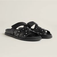 Hermes Chypre Slides Unisex Medor Studs Calfskin In Black