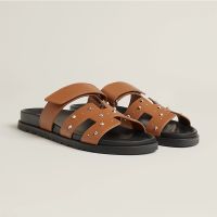 Hermes Chypre Slides Unisex Medor Studs Calfskin In Brown/Black