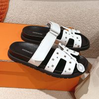 Hermes Chypre Slides Unisex Medor Studs Calfskin In White/Black
