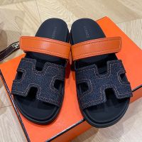 Hermes Chypre Slides Women Denim and Calfskin In Navy Blue/Brown