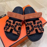 Hermes Chypre Slides Women Tufted Suede In Brown