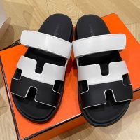 Hermes Chypre Slides Women Two-Tone Calfskin In Black/White