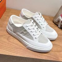 Hermes Deep Sneakers Unisex Calfskin and Canvas In White/Grey