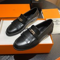 Hermes Destin Loafers Women Calfskin with Fringe and Kelly Buckle In Black