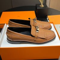 Hermes Destin Loafers Women Calfskin with Fringe and Kelly Buckle In Brown