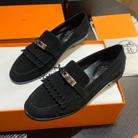 Hermes Destin Loafers Women Suede with Fringe and Kelly Buckle In Black