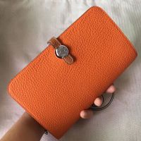 Hermes Dogon Duo Wallet Color Blocking Togo Leather Palladium Hardware In Orange/Brown