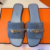 Hermes Giulia Slides Women Suede with Medor Studs In Blue