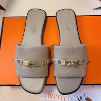 Hermes Giulia Slides Women Suede with Medor Studs In Grey