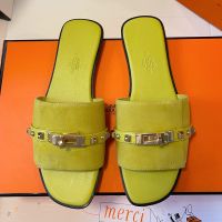 Hermes Giulia Slides Women Suede with Medor Studs In Lemon