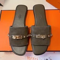 Hermes Giulia Slides Women Suede with Medor Studs In Taupe