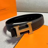 Hermes Guilloched H Reversible Belt Leather In Black/Gold