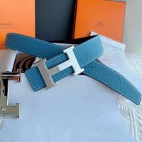 Hermes H Logo Buckle 38 Reversible Belt Leather In Blue/Black