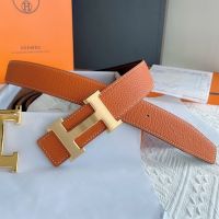 Hermes H Logo Buckle 38 Reversible Belt Leather In Orange/Black