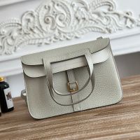 Hermes Halzan Bag Clemence Leather In Grey