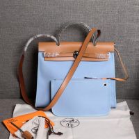 Hermes Herbag Bag Canvas Palladium Hardware In Sky Blue/Brown