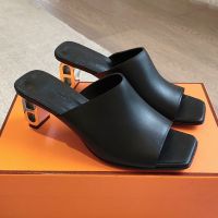 Hermes Iconique 60 Slides Women Nappa Leather In Black