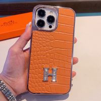 Hermes iPhone Case Crocodile Pattern Leather Orange