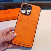 Hermes iPhone Case Embossing Leather with Card Holder Orange