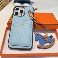 Hermes iPhone Case Grained Calfskin with Card Holder and Charm Blue