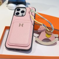 Hermes iPhone Case Grained Calfskin with Card Holder and Charm Pink