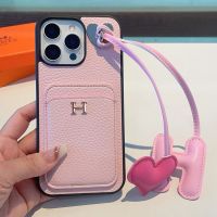 Hermes iPhone Case Grained Calfskin with Card Holder and Heart Charm Pink