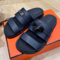 Hermes Jackson Slides Women Epsom Calfskin In Navy Blue