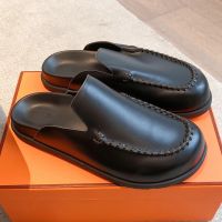 Hermes Johan Mules Unisex Calfskin In Black