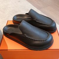 Hermes Johan Mules Unisex Grained Calfskin In Black